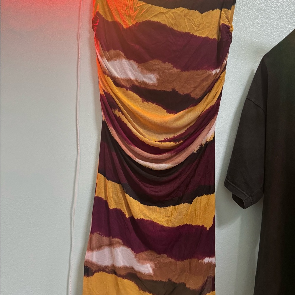 Calvin Klein Striped Midi Dress in Burgundy, Mustard & Plum